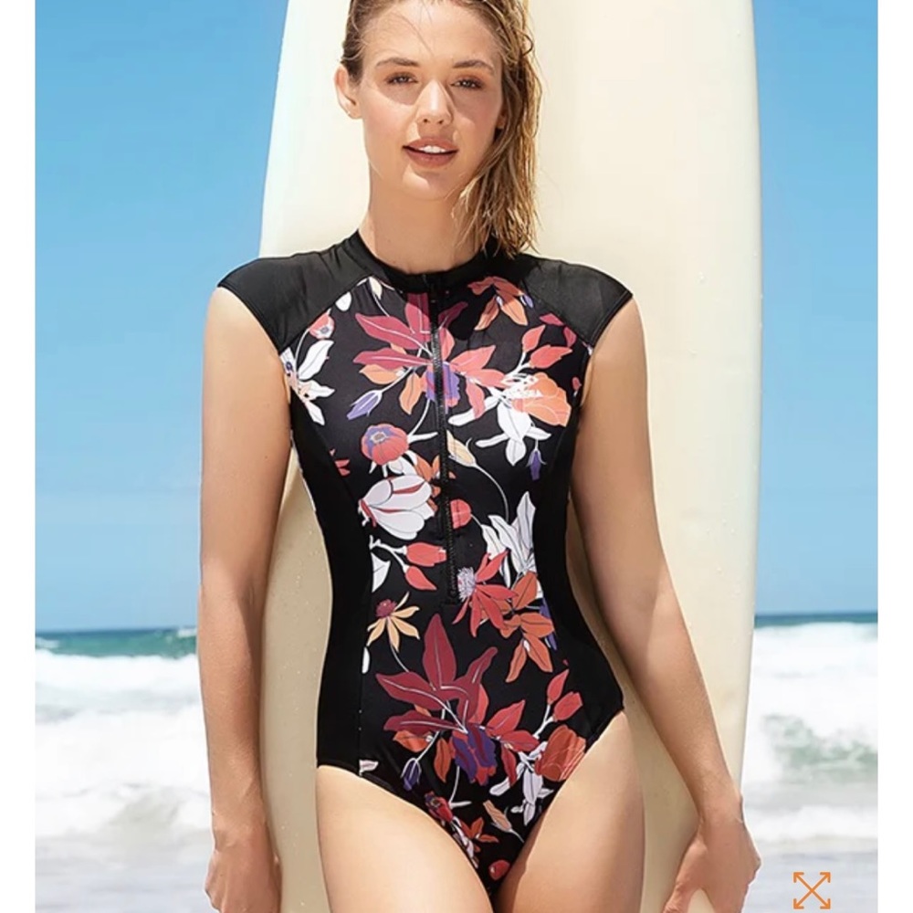 AXESEA Retro One Piece Swimsuit Sleeveless Flora Printed Surfing Rash Guard